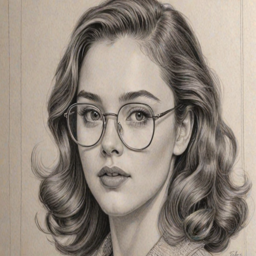 Ravishing Danielle Rose Russell, pencil sketch, portrait of Exquisite woman 1953s in glasses, hair style beatnik, outline, clear lines, fine lines, 8k