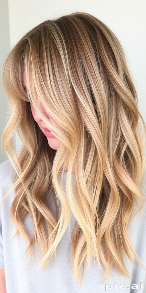 Warm honey blonde hair cut into a shaggy, layered lob with curtain bangs embodies the effortlessly cool "Sun-Kissed Surfer" style, featuring natural-looking balayage highlights in shades of pale gold and wheat that create movement and texture, evoking a carefree and beachy vibe