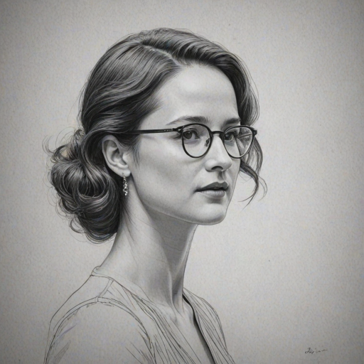 Graceful Katherine Waterston, pencil sketch, portrait of Dazzling woman 1936s in glasses, hair style beatnik, outline, clear lines, fine lines, 8k