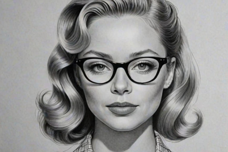 Ravishing Portia Doubleday, pencil sketch, portrait of Sublime woman 1950s in glasses, hair style beatnik, outline, clear lines, fine lines, 8k
