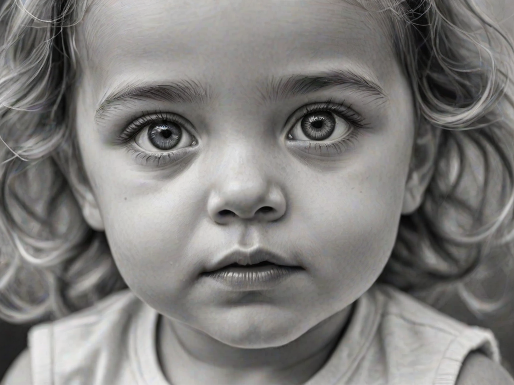 A hyperdetailed photorealistic black and white sketch of a beautiful toddler with deep white eyes, with a macro focus