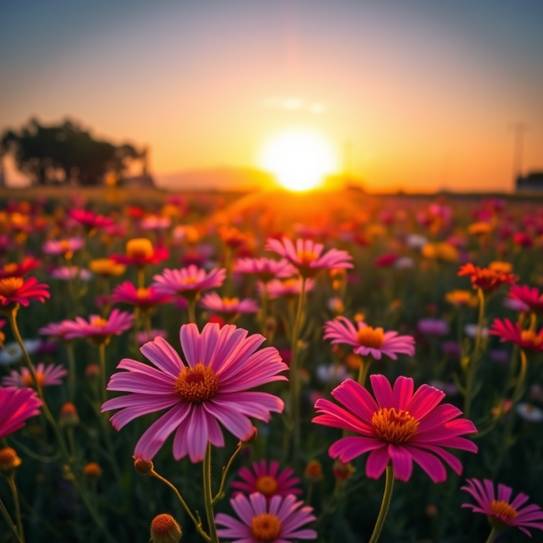 Create a vibrant field of wildflowers during sunset with sun rays illuminating petals, using a Canon EOS 5D Mark IV at f/8, ISO 100, 1/200 sec, with a wide-angle lens for an expansive view and shallow depth of field to enhance the foreground flowers.