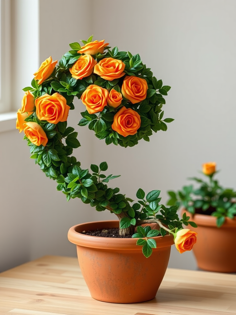 Generate a high-resolution image of a topiary plant shaped like a spiral with orange roses and green leaves in a terracotta pot, using a DSLR camera with a 50mm lens, aperture f/2.8, ISO 100, and soft natural lighting from the left at eye level.