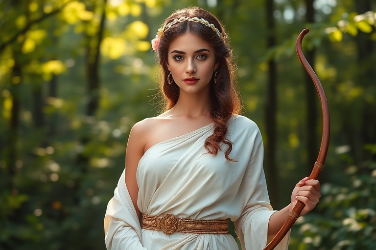 Create a portrait of a goddess-like Armenian girl figure in a tranquil, forested environment. She has an elegant appearance with long, wavy hair styled in an updo and adorned with a delicate, floral headband. She wears a flowing, ancient Greek-inspired gown in a soft, pale color, featuring a one-shoulder design and draped fabric that accentuates her graceful form. The outfit includes a decorative belt with ornate gold detailing, and she holds a bow in her hand, with a quiver of arrows slung over her shoulder. The background depicts lush greenery, with sunlight filtering through the trees, casting a gentle, ethereal light on the scene. Her expression is calm and contemplative, embodying a sense of wisdom and serenity.