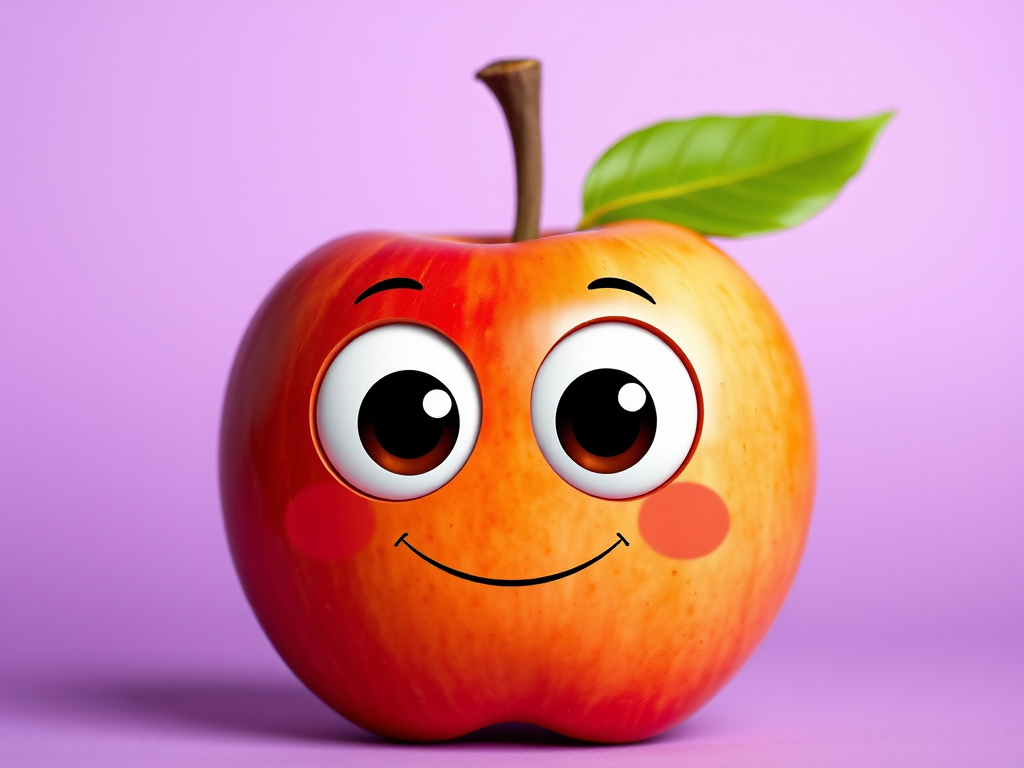 Create a cute cartoon apple character with large white eyes and a small smile, set against a soft purple background, captured with a Canon EOS R5 at f/2.8, 1/60s, ISO 100 for vibrant colors and sharp details, in a front view perspective.