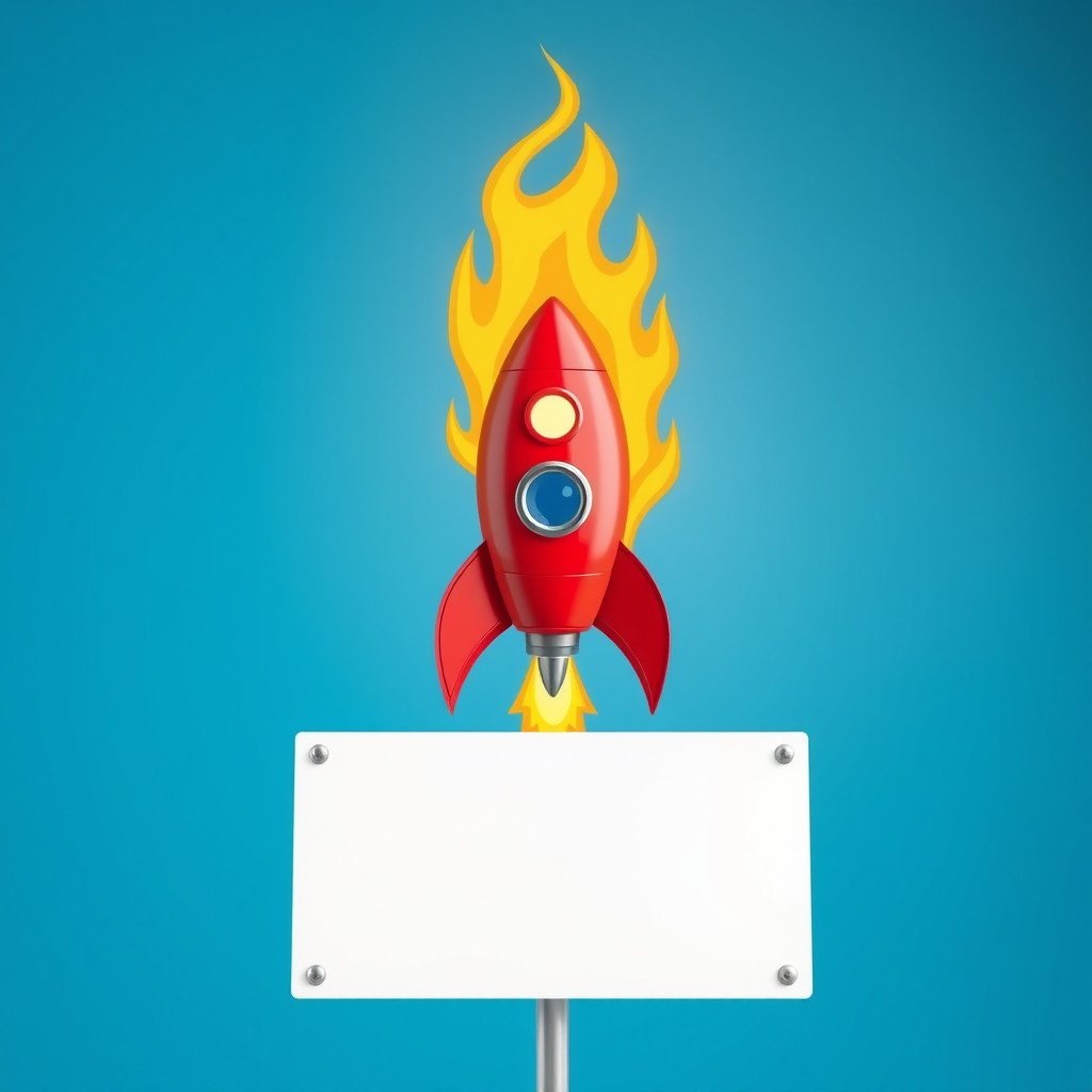 Create a colorful cartoon rocket launching with flames against a bright blue background, white blank sign underneath, high resolution, f/8 aperture, 24mm lens, soft focus, shot from a low angle with a wide shot composition.