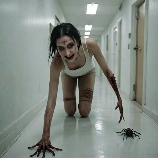 a crooked female with long arms and a creepy smile is crawling along a long white corridor and you can also see cockroaches in it there is a creepy atmosphere creepy art style