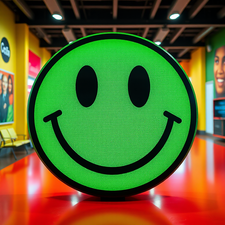 Create a high-resolution image of a large green smiley face with a black outline, shot with a DSLR camera at f/2.8, 1/100 sec shutter speed, ISO 100, in a vibrant, well-lit environment focusing on a clean background for better contrast.