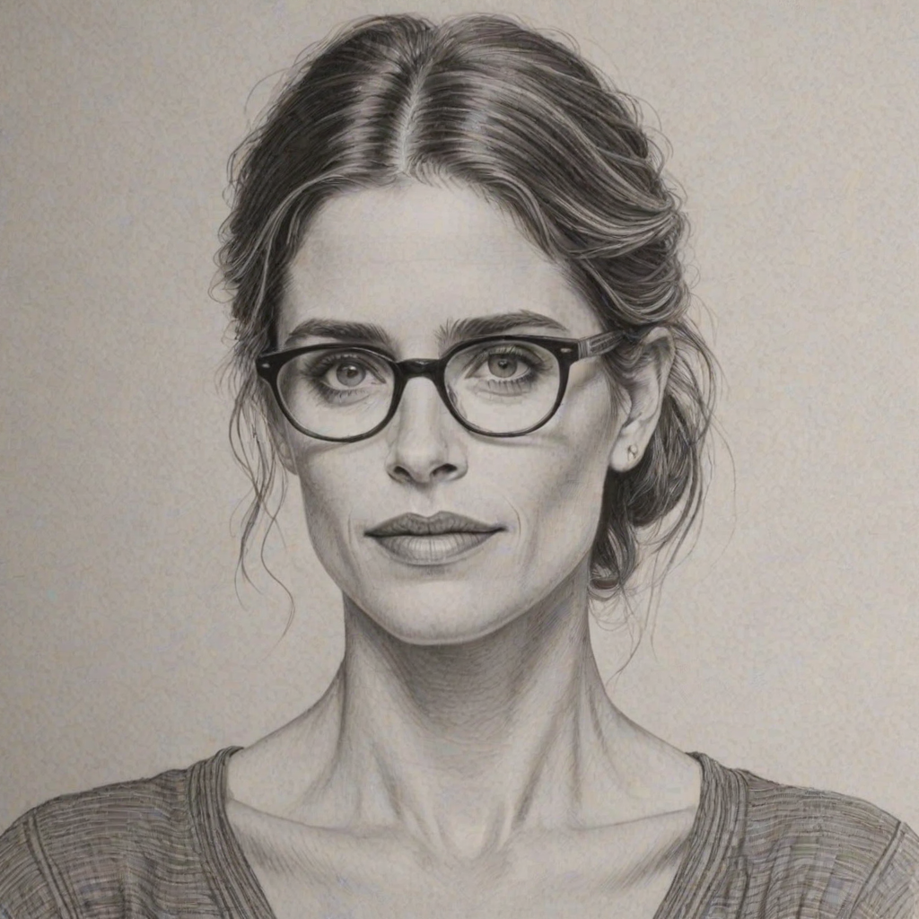 Splendid Amanda Peet, pencil sketch, portrait of Ravishing woman 1926s in glasses, hair style beatnik, outline, clear lines, fine lines, 8k