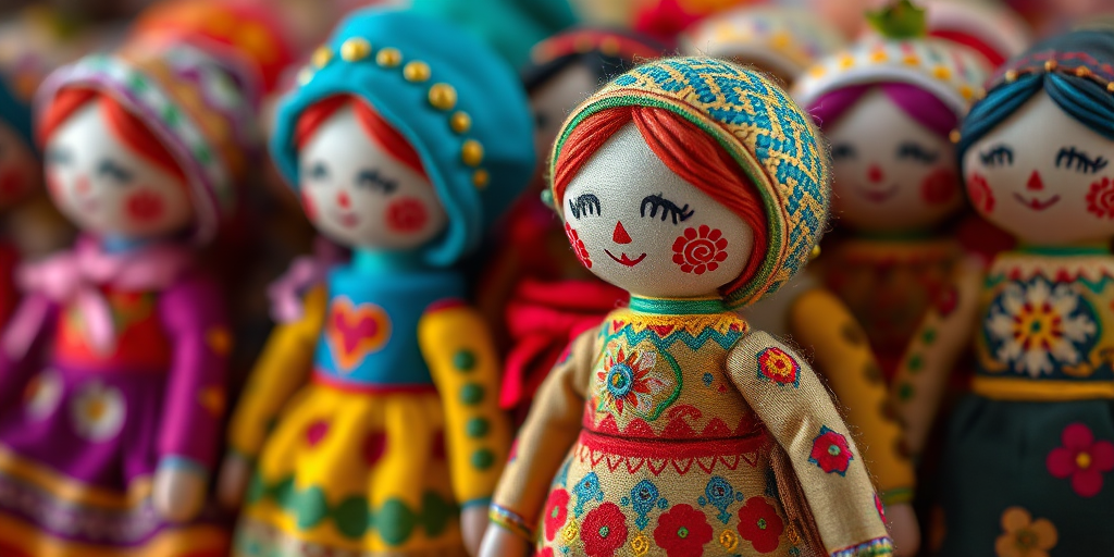 Create an image of a collection of colorful handmade dolls with intricate details, shot with a Canon EOS R6 at f/2.8, 1/125 sec, ISO 200, using a 50mm lens in natural light focusing on vibrant textures and patterns.