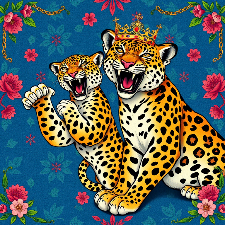 Create a vibrant, detailed illustration of two leopards in dynamic poses, one wearing a crown, set against a rich blue background adorned with floral patterns and golden chains, captured with a DSLR camera, 50mm lens, f/2.8 aperture, ISO 100, and natural lighting for enhanced color and texture.