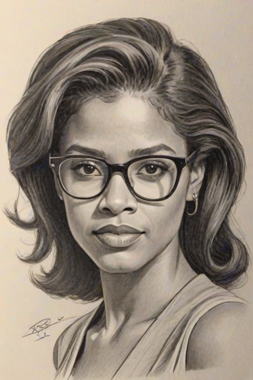 Fetching Ren'e Elise Goldsberry, pencil sketch, portrait of Elegant woman 1979s in glasses, hair style beatnik, outline, clear lines, fine lines, 8k