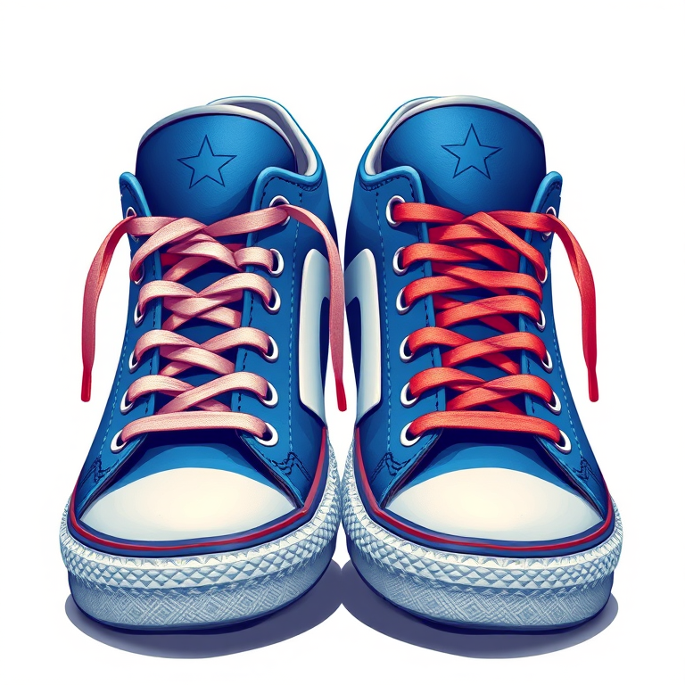 Create a highly detailed and vibrant illustration of two pairs of blue sneakers side by side with realistic texture, using a 50mm lens, f/2.8 aperture, ISO 100, soft diffused lighting, and a shallow depth of field to enhance image quality.