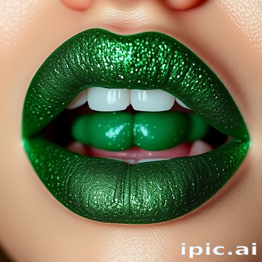 Glittery emerald green lips with a high-impact sparkle, bold and daring, ideal for making a statement at festive events