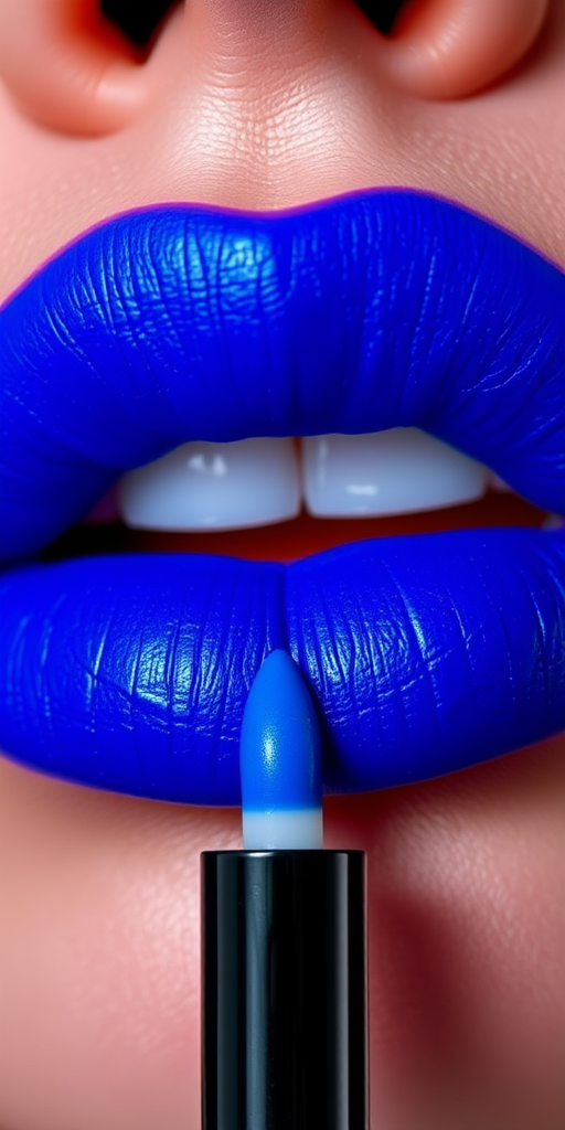 Electric blue lip stain with a matte finish, dubbed "Neon Skyline," providing long-lasting color that gradually fades to a subtle tint