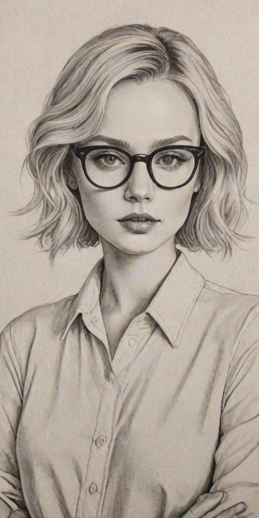 Elegant Zara Larsson, pencil sketch, portrait of Resplendent woman 1928s in glasses, hair style beatnik, outline, clear lines, fine lines, 8k