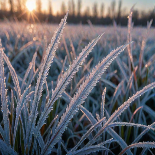 High-resolution, close-up of frost-covered grass blades in the early morning, tiny crystals catching the first light of dawn, with soft shades of blue and pink reflecting off the ice.