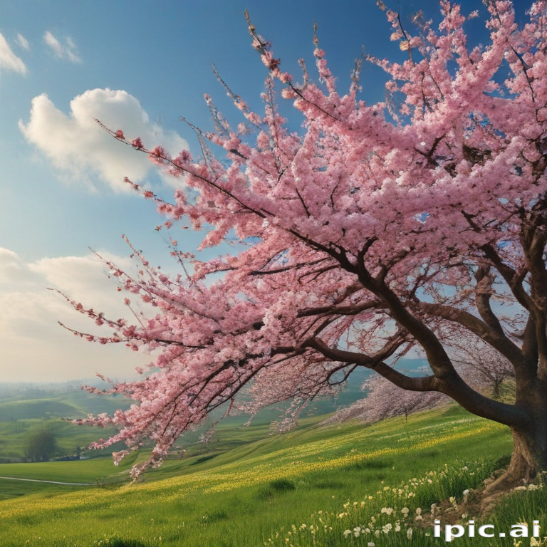 Promising Spring Beautiful Spring Landscape Featuring Blossoming Cherry Trees and Lush ...
