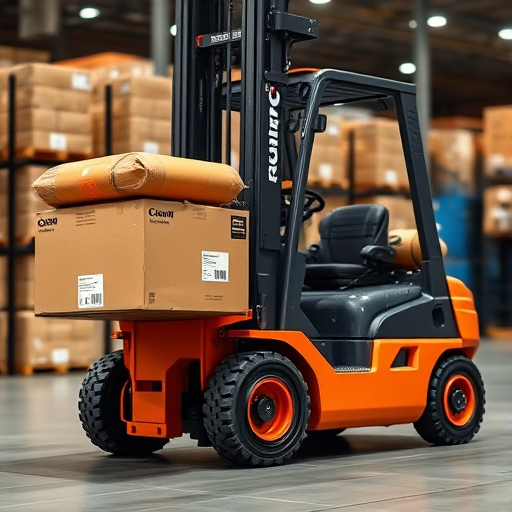 Generate a high-quality image of a side view of an orange forklift lifting a cardboard box with labels, using a Canon EOS R5 camera with a 50mm lens, aperture f/2.8, ISO 100, and a soft focus background to enhance clarity and detail.