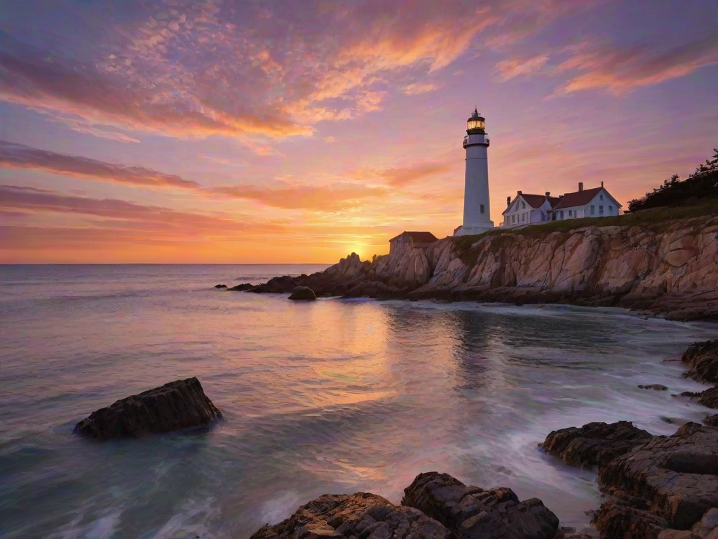 Generate an image of a tall lighthouse perched on a rocky outcrop surrounded by calm ocean waters during a breathtaking sunset. The lighthouse stands sturdy and weathered, its stone surface illuminated by the warm golden light of the setting sun. The sun's rays pass directly through the glass lantern room at the top of the lighthouse, casting a brilliant light across the scene. The sky is painted with vibrant shades of orange, pink, and purple, reflecting off the tranquil sea. The surrounding water shimmers with the same warm hues, creating a serene and majestic atmosphere.
