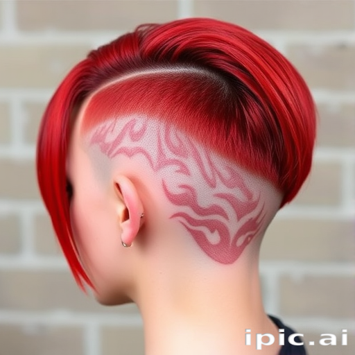Bold crimson undercut called Scarlet Blaze combining sleek straight lengths on top with closely cropped sides and nape revealing intricate flame-inspired designs shaved into the shorter areas