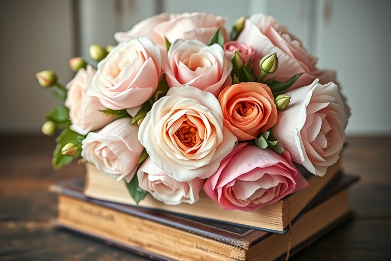a beautifully arranged bouquet of pastel roses and peonies placed on vintage books, soft watercolor style, natural light, shallow depth of field, 50mm lens, f/2.8, ISO 100, centered composition