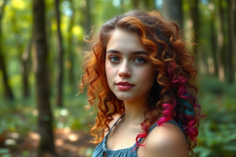 Portrait of a young woman with colorful curly hair in a mystical forest, soft focus, 50mm lens, f/1.8 aperture, natural lighting, high dynamic range, DSLR camera.