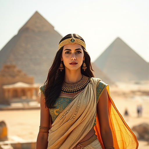 Regenerate the image of a woman in ancient Egyptian attire standing in front of the pyramids, golden accessories and flowing fabric, captured with a Canon EOS R5, 50mm lens, f/1.8 aperture, ISO 100, in bright daylight for enhanced sharpness and richness in colors.