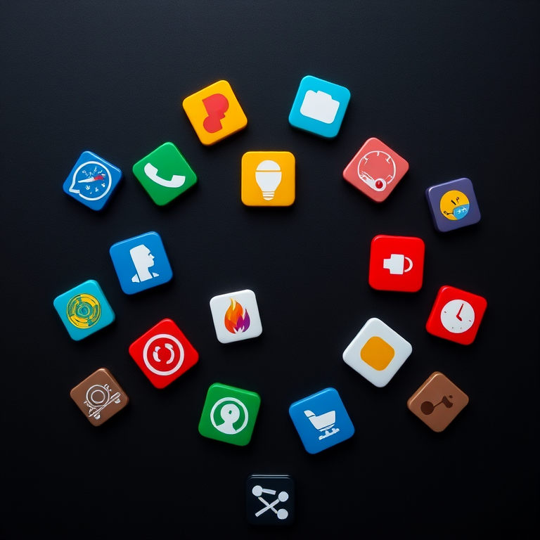 Create a high-resolution flat lay image of colorful app icons arranged on a dark background, with a Canon EOS 5D Mark IV, 50mm lens, f/1.8 aperture, ISO 100, 1/200 sec shutter speed, achieved with a top-down view for clarity and vibrant colors.