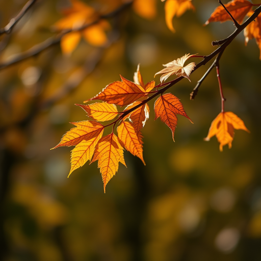 Capture a close-up of autumn leaves on branches in a soft-focus background with warm golden hues, using a Canon EOS R5 at f/2.8, 1/200s, ISO 100, in natural light, with a shallow depth of field for enhanced detail and texture.