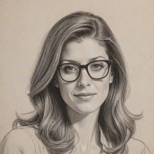 Charming Kate Walsh, pencil sketch, portrait of Lovely woman 1973s in glasses, hair style beatnik, outline, clear lines, fine lines, 8k