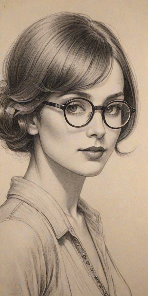 Dazzling Monica, pencil sketch, portrait of Gorgeous woman 1924s in glasses, hair style beatnik, outline, clear lines, fine lines, 8k