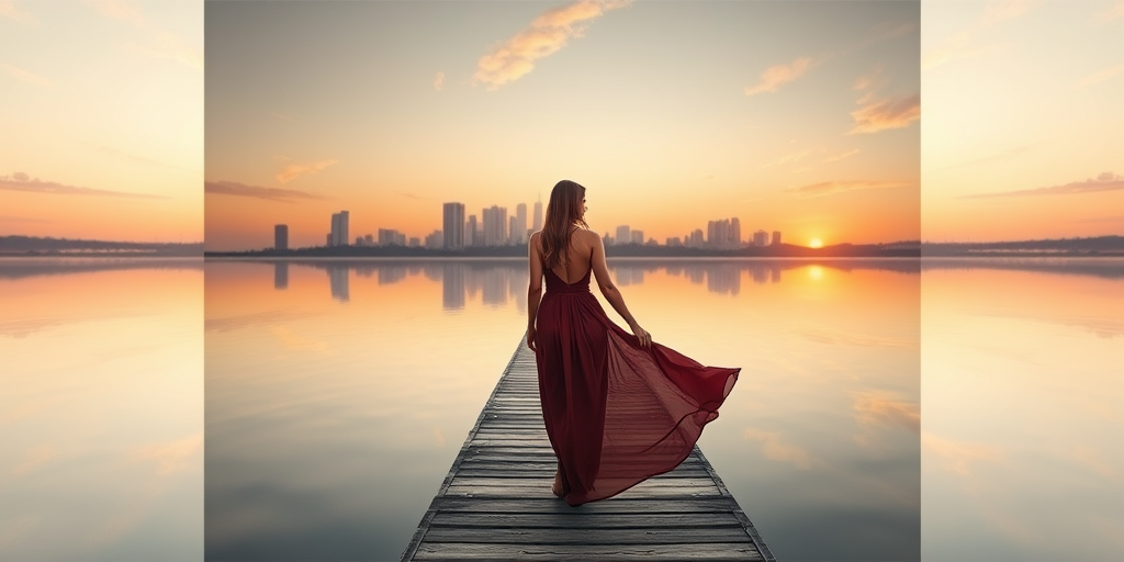 Create an image of a woman in a flowing dress standing on a wooden pier looking out over a surreal, mirrored landscape with a city reflected in the water at sunset, using a DSLR camera with a 50mm lens, aperture f/1.8, ISO 100, and a shallow depth of field for enhanced background blur.