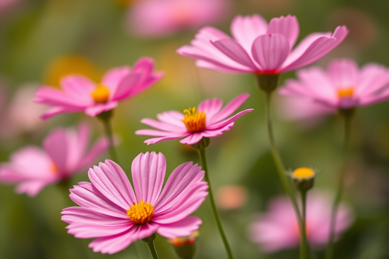 macro shot of pink cosmos flowers in a soft-focus background, f/2.8 aperture, 50mm lens, ISO 100, natural lighting, DSLR camera