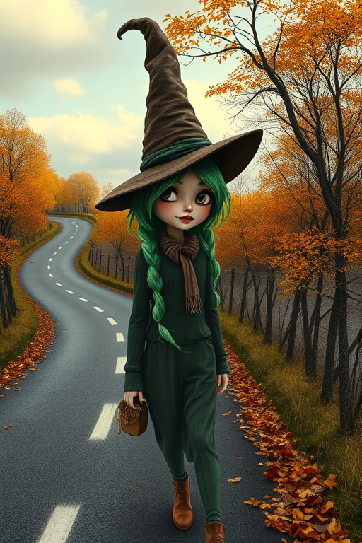 digital art fantasy depicting a strange girl with green hair, long eyelashes, brown lipstick and a tall hat walking along a winding road on an autumn afternoon, an Vaquita smiles as she passes