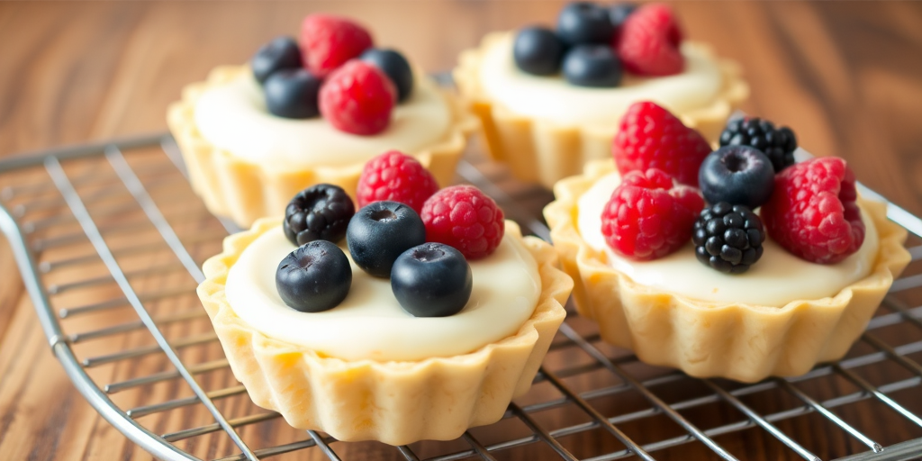 Delicious fruit tarts with a creamy filling topped with fresh raspberries blueberries and blackberries on a wire rack with a wooden background