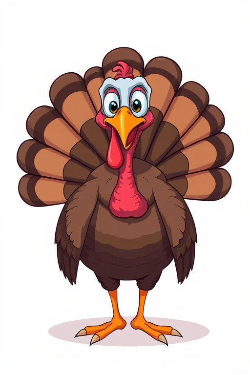 Create a cartoon-style illustration of a turkey with exaggerated features and vibrant colors, captured with a DSLR camera at f/4 aperture, 50mm lens, ISO 100, in a well-lit environment for enhanced clarity and detail.