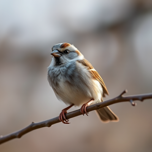 A close-up of a sparrow perched on a branch with a soft blurred background, natural lighting, 50mm lens, aperture f/2.8, ISO 200, shot from a low angle, using a DSLR camera.