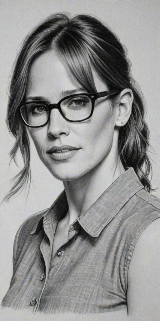 Gorgeous Jennifer Garner, pencil sketch, portrait of Comely woman 1927s in glasses, hair style beatnik, outline, clear lines, fine lines, 8k