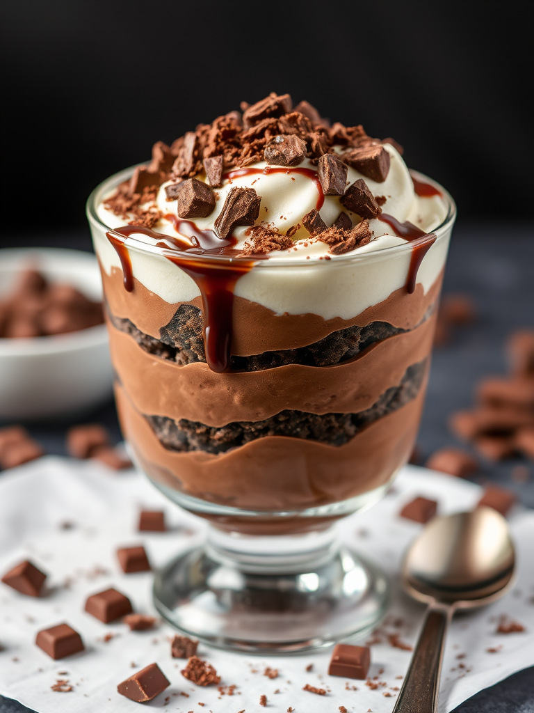Create a rich and decadent chocolate dessert layered in a glass bowl featuring creamy chocolate mousse alternating with layers of whipped cream and chocolate chunks topped with chocolate shavings and a drizzle of chocolate sauce surrounded by pieces of chocolate and a spoon on a dark background.