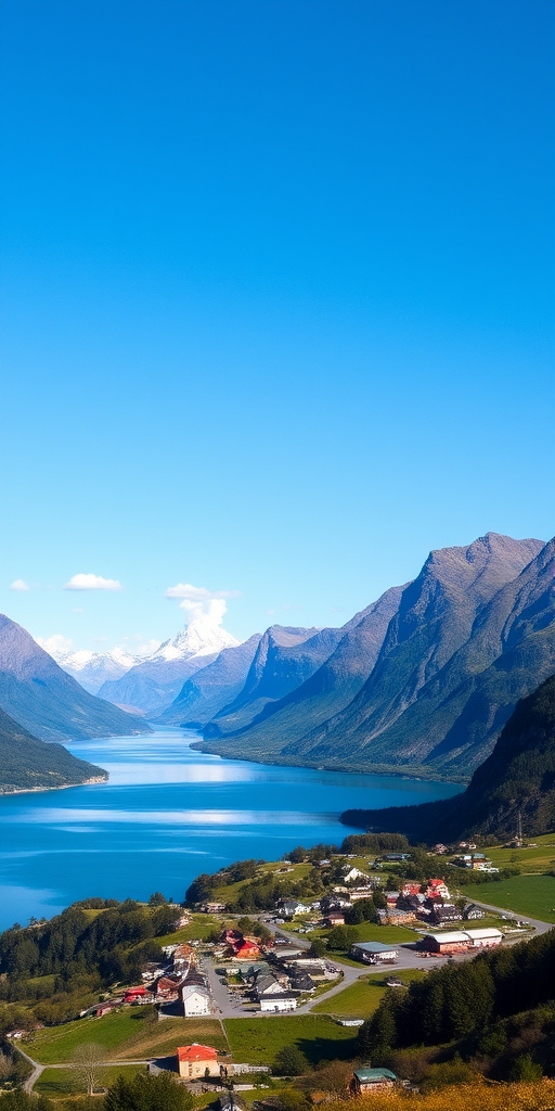 Generate a high-resolution landscape image of a breathtaking fjord surrounded by majestic mountains under a clear blue sky, with a serene village in the foreground, using a DSLR camera, 24mm lens, aperture f/8, ISO 100, and a polarizing filter for vibrant colors and enhanced contrast.