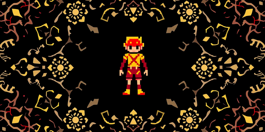 Create a pixel art character standing in the center, vibrant colors like red, yellow, and white on a black background, with intricate symmetrical patterns, captured with a DSLR camera at f/2.8 aperture, 50mm lens, ISO 100, in high resolution for clarity and detail.