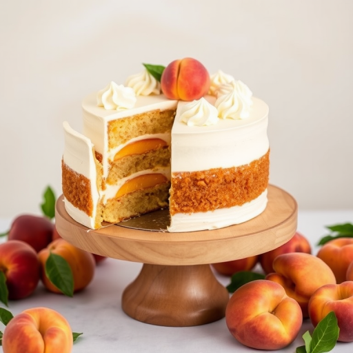 A beautifully decorated cake with layers of peach filling and frosting on a wooden cake stand surrounded by fresh peaches and a soft, neutral background, showcasing a slice removed to reveal the delicious layers inside.