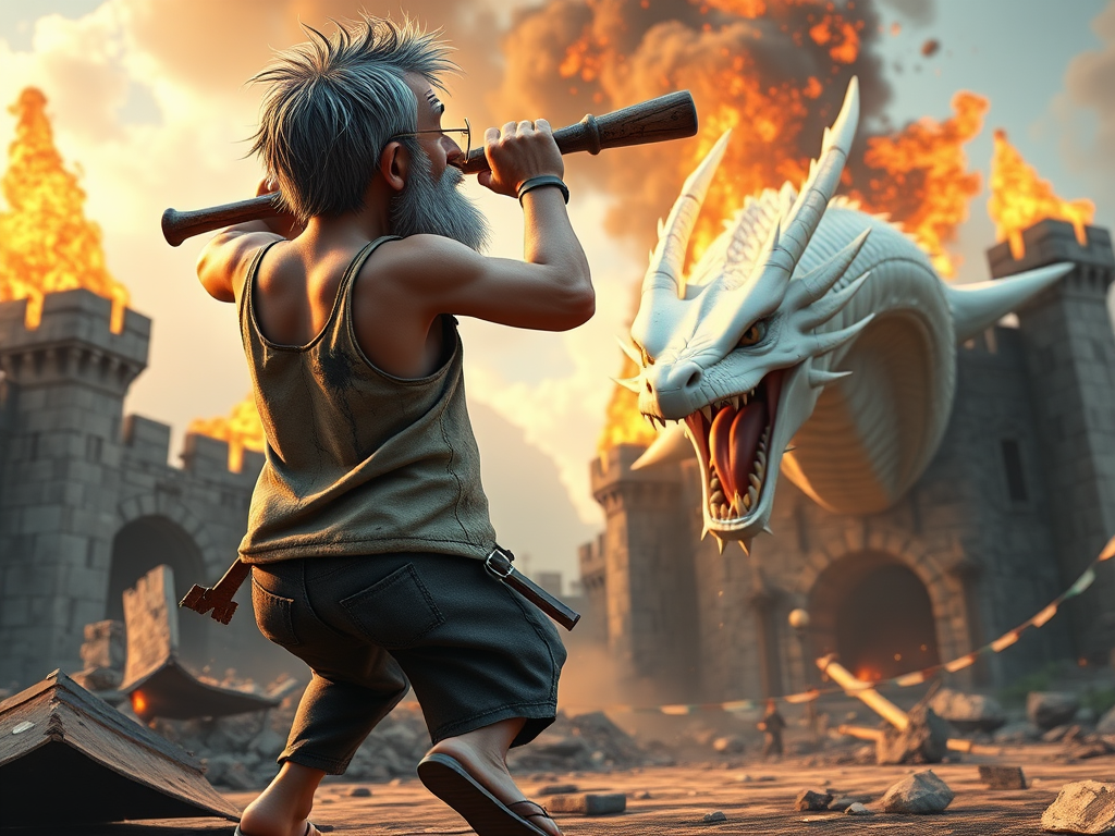 Cartoon 3D High-Resolution,dynamic battle scene using Unreal Engine 5 and Octane Render. The scene features back of an elderly, thai man with a beard,messy hair and round golden-rimmed glasses. He is wearing a tattered tank top with soot marks, shorts, and sandals. sweating. he wields a baseball bat. He jump to fight with a white fire-breathing Europe dragon amidst a partially destroyed stone castle. Include intense flames, smoke, and debris to enhance the dramatic effect.