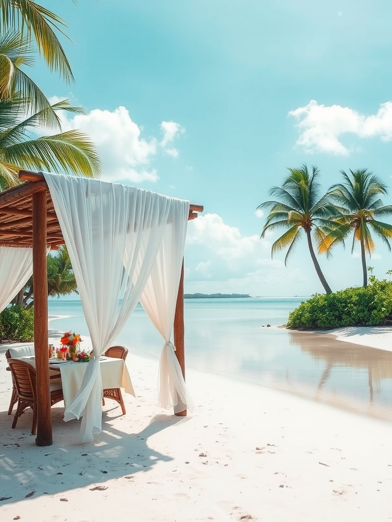 Create a picturesque tropical beach scene featuring a serene, white sandy shore. In the foreground, there's a rustic wooden canopy with white drapes gently flowing in the breeze. Underneath the canopy, a table is set with tropical decor, evoking a sense of relaxation and leisure. The beach extends into a calm, shallow water area with reflections of the sky and surroundings. Palm trees and lush greenery line the edge of the beach, providing a natural, tropical backdrop. The sky is clear with a few scattered clouds, and the overall atmosphere is tranquil and inviting, perfect for a peaceful retreat.