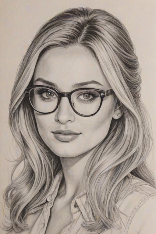 Fascinating Aly & AJ, pencil sketch, portrait of Stunning woman 1973s in glasses, hair style beatnik, outline, clear lines, fine lines, 8k