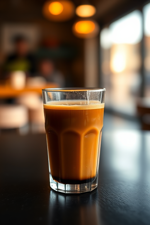 A glass of coffee on a black table, shallow depth of field, soft focus background, golden hour lighting, Canon EOS R5, 50mm f/1.8 lens, ISO 100, f/2.8, 1/200 sec, natural light.