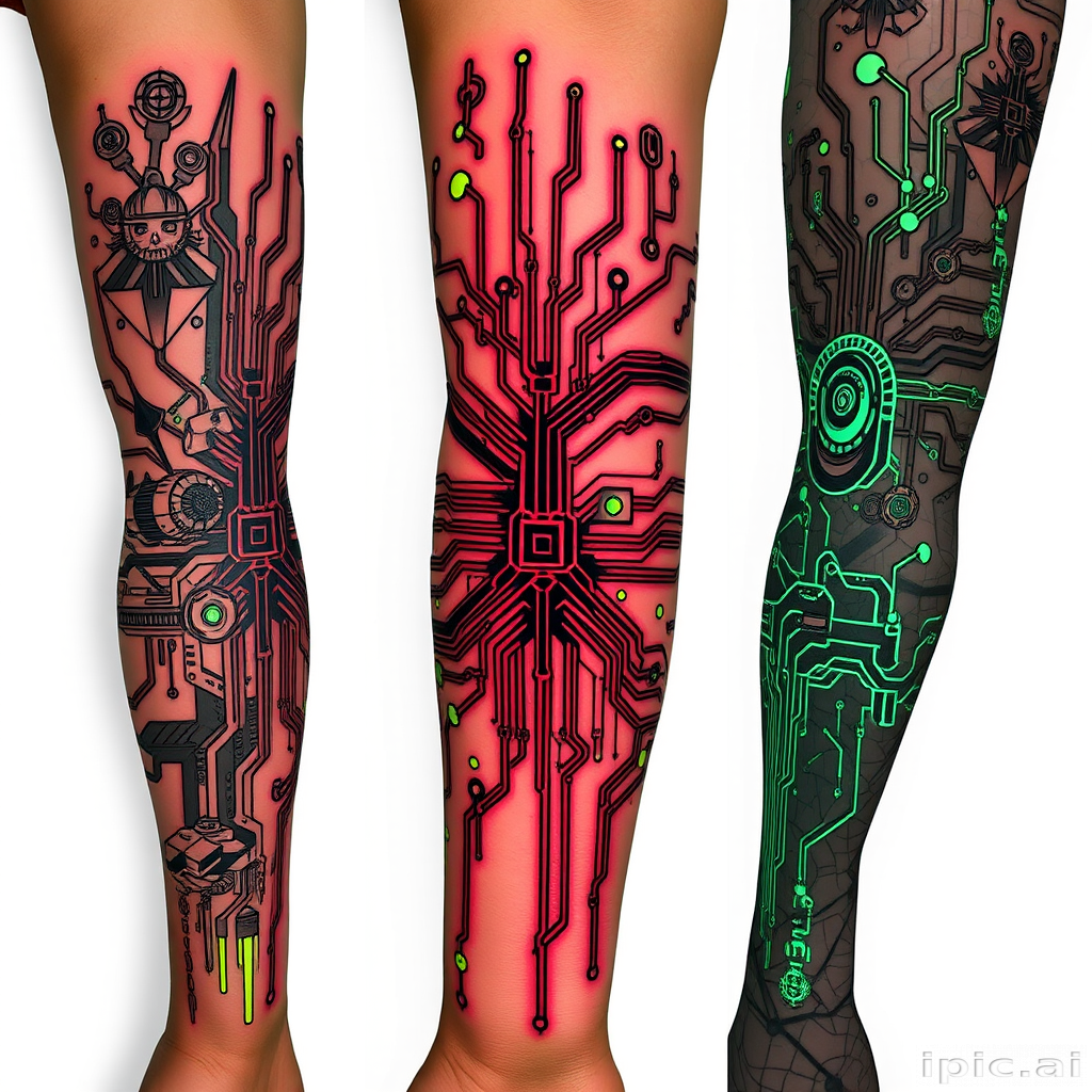 Cyberpunk-inspired circuitry tattoo with glowing neon accents and intricate technological details, seamlessly blending organic and mechanical elements across the entire arm sleeve