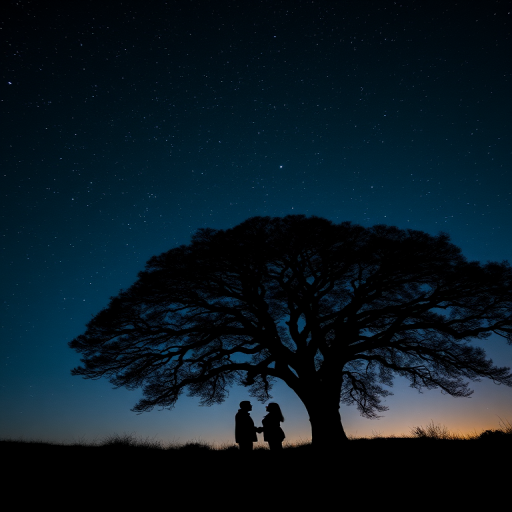Create a silhouette image of a couple under a starry sky at night with a large tree in the background, using a wide-angle lens at f/2.8, ISO 800, shutter speed 15 seconds, captured with a DSLR camera, in landscape format.