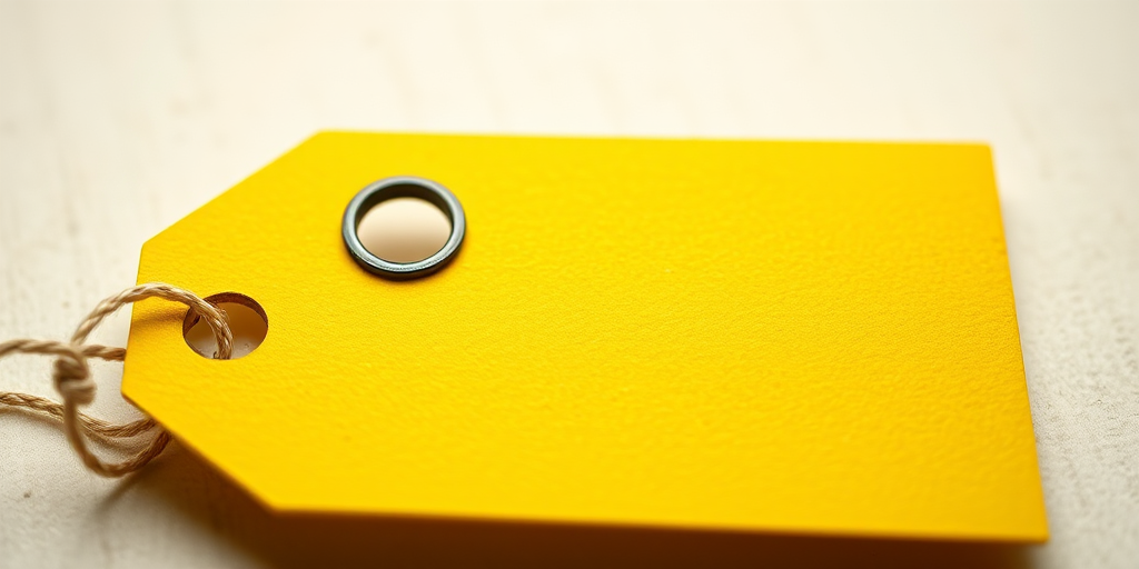 Create a high-resolution image of a yellow price tag with a hole punched in the top, shot with a Canon EOS R5 at f/2.8, 1/125 sec, ISO 100, using a shallow depth of field and a soft focus background.